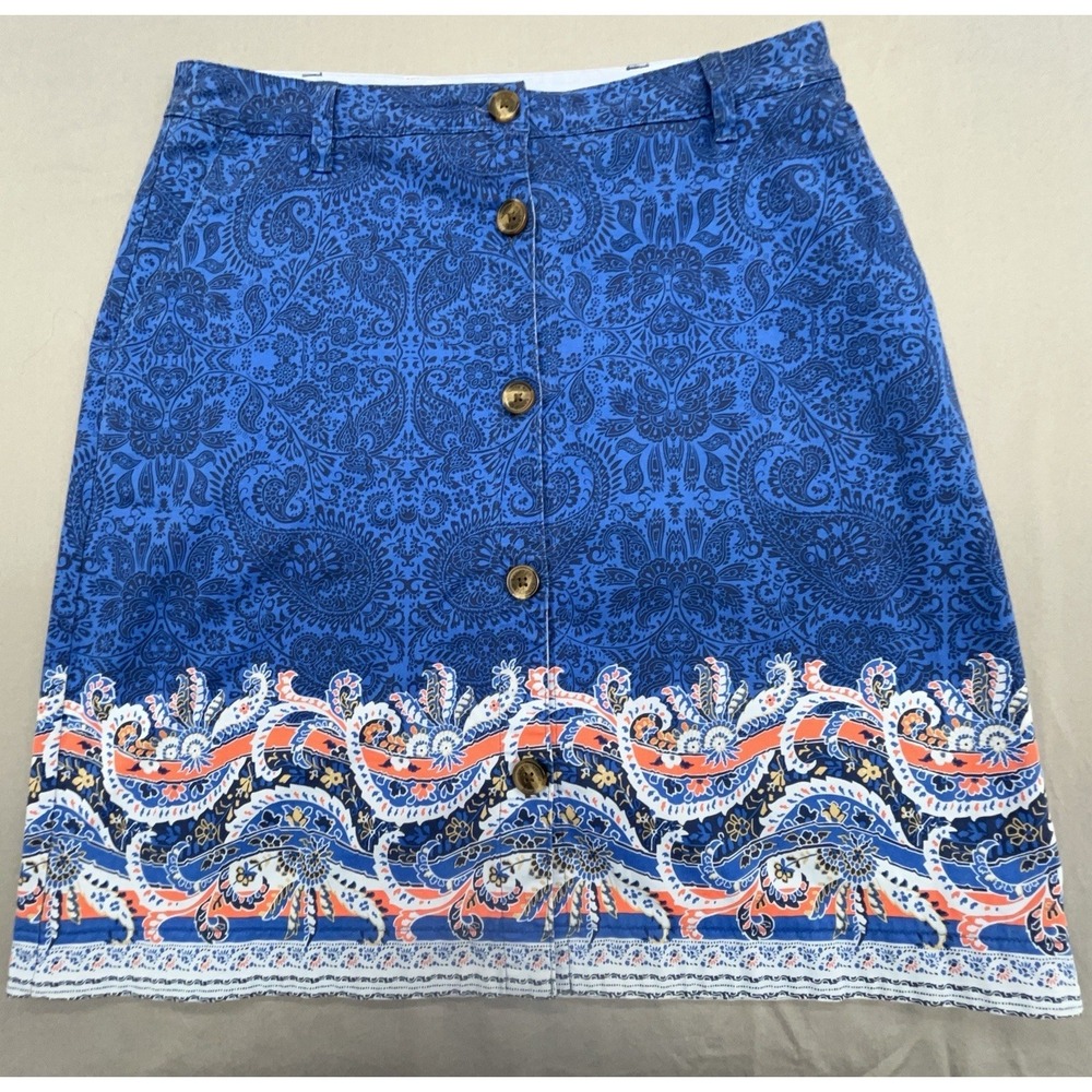 Lands End Skirt 8 Blue Paisley Buttons Pockets Cotton Stretch Coastal Preppy